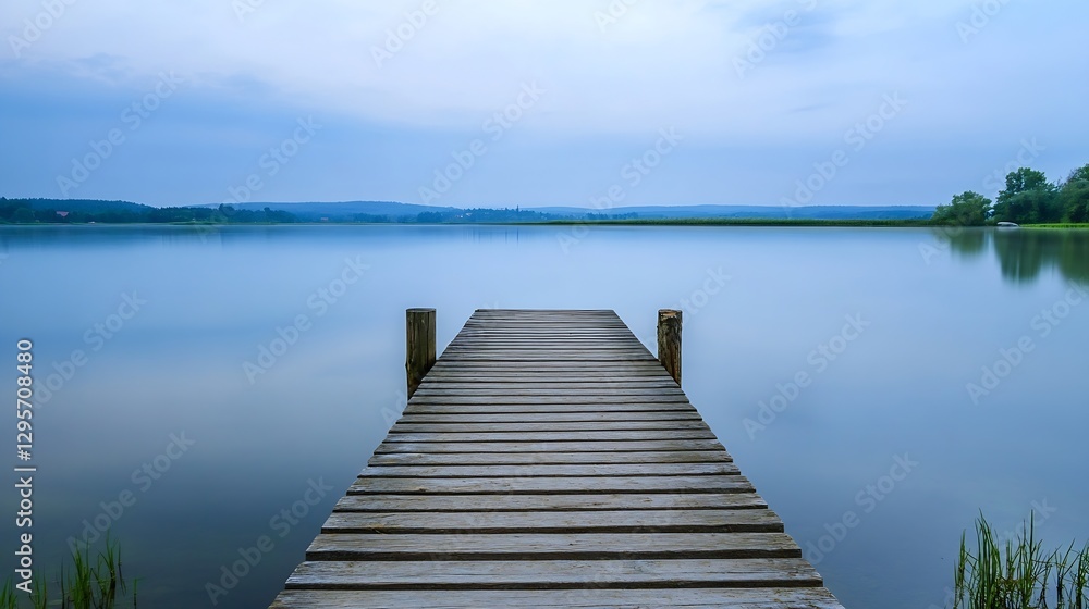 Poster Serene dock on calm lake reflecting sky and landscape in tranquil setting : Generative AI