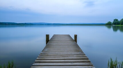 Obraz premium Serene dock on calm lake reflecting sky and landscape in tranquil setting : Generative AI