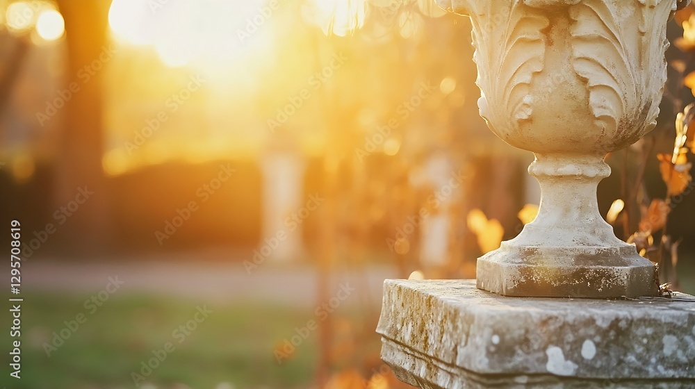Poster golden light shining through decorative garden urn in autumn setting : generative ai