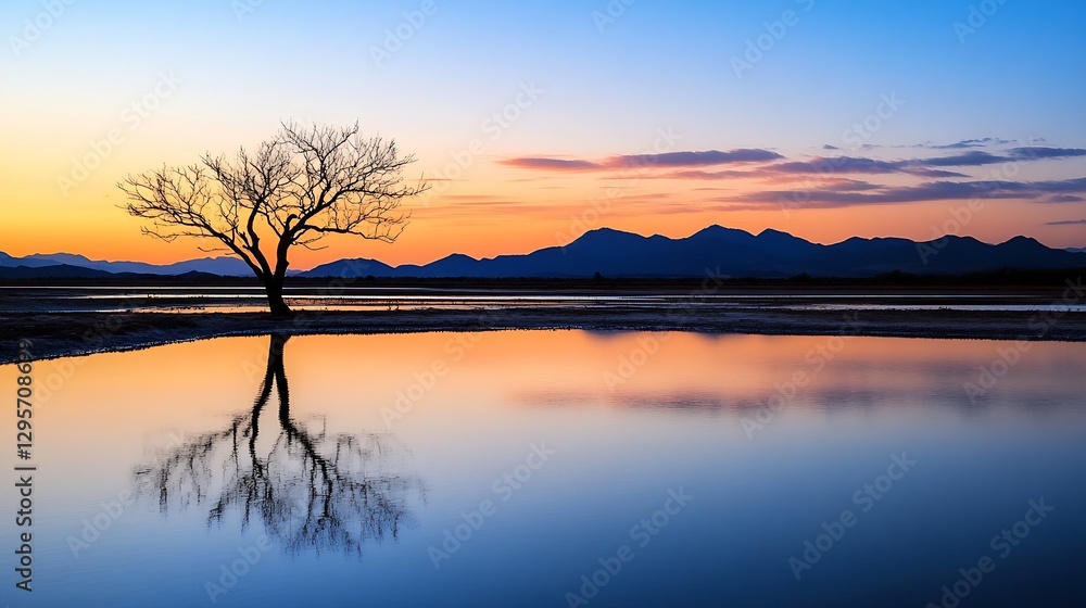 Poster Lonely tree silhouette by calm water at twilight with colorful sky and mountains in background : Generative AI