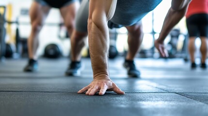 Naklejka premium Man Performing Advanced Pushups on Gym Floor Showcasing Strength and Dedication in Dynamic Fitness Environment : Generative AI