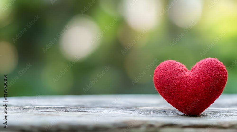 Poster vibrant handmade red heart resting on a wooden table against a blurred green background : generative