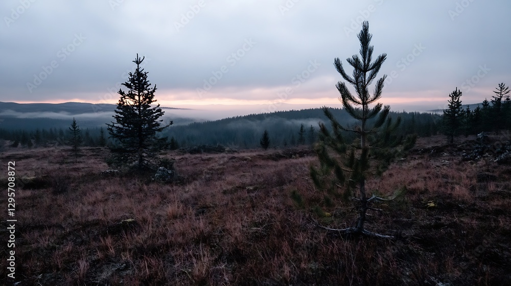 Aufkleber serene forest landscape with a lone pine tree at sunrise creating a peaceful and serene atmosphere i