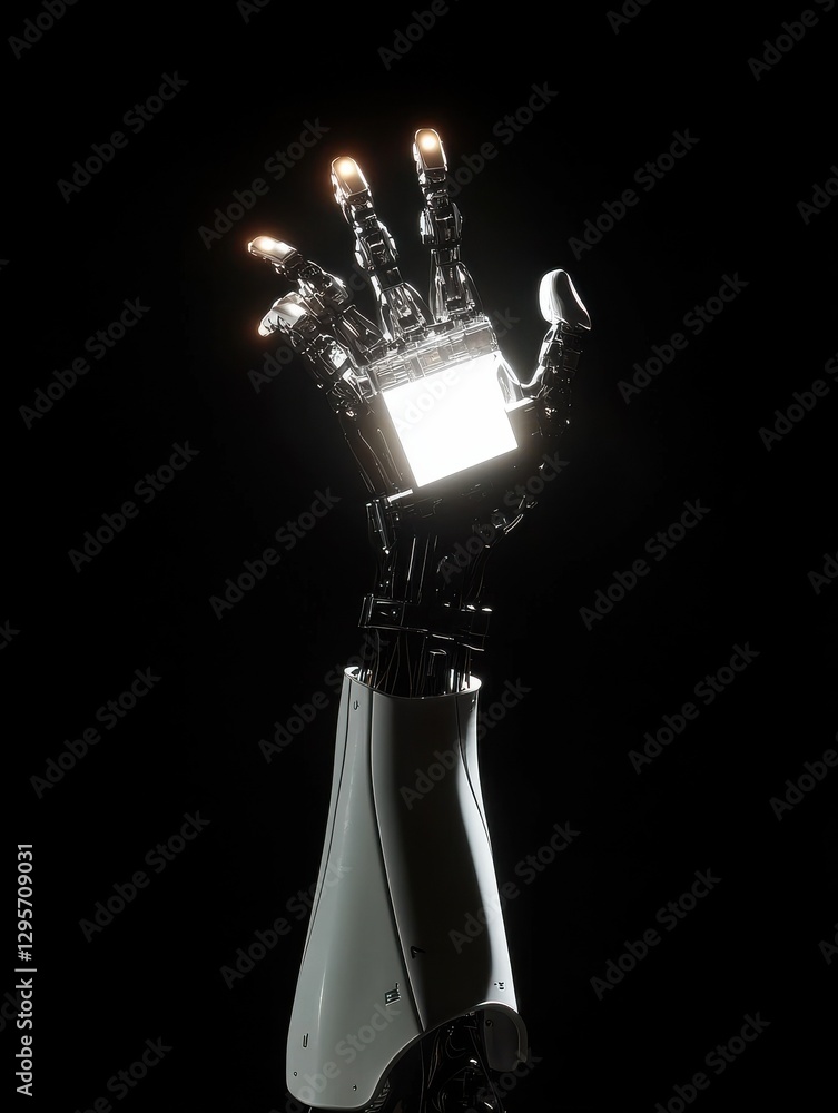 Poster artificial intelligence, future technology and business concept - robot and human hand with flash li