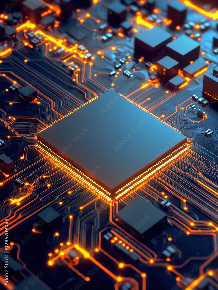 Poster digital circuit microchip on abstract background. computing and technology concept. 3d rendering