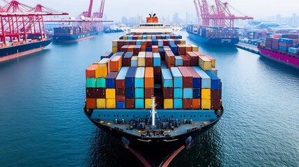Fototapeta premium Massive container ship loaded with colorful cargo containers navigating through a busy harbor : Generative AI