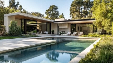 Obraz premium Landscape architecture of a contemporary home with a sleek pool, modern planters, and low-maintenance greenery, blending indoor and outdoor living.