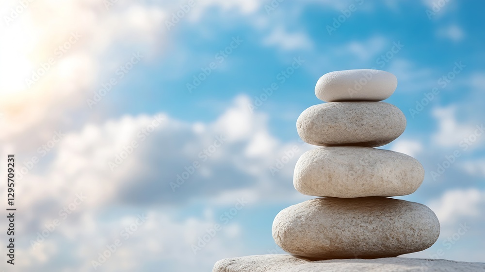 Poster Stacked smooth stones balanced on each other with blue sky and clouds in the background symbolizing peace : Generative AI