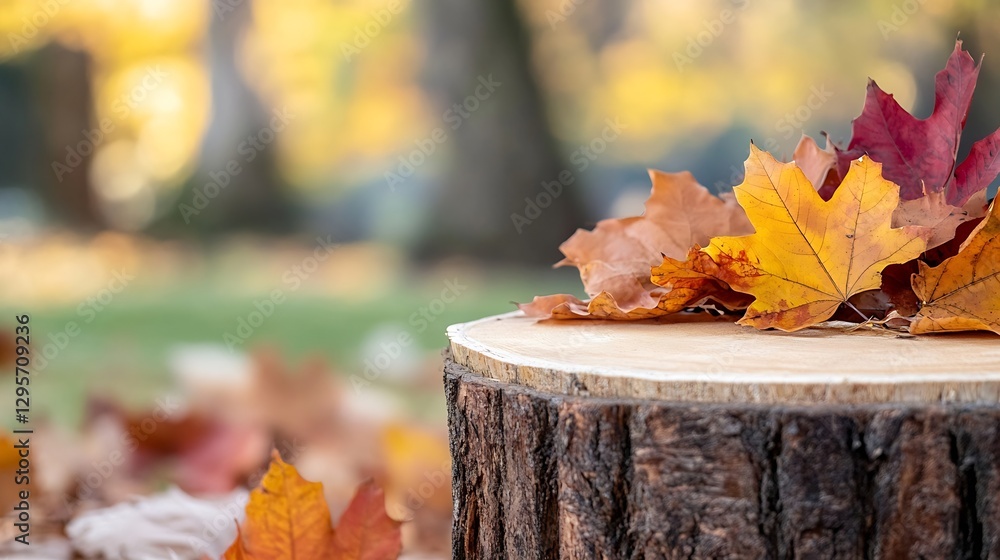 Poster colorful autumn leaves on a wooden log with blurred background of nature in a beautiful fall mood : 