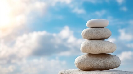Stacked smooth stones balanced on each other with blue sky and clouds in the background symbolizing peace : Generative AI