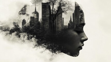 Woman's Profile with City Double Exposure in Monochrome