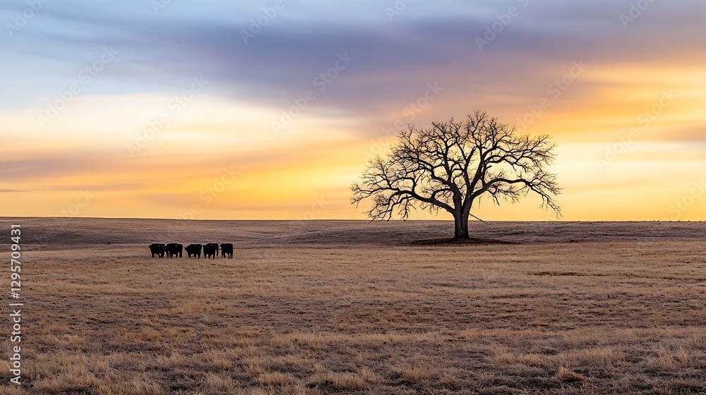 Poster solitary tree standing against a mesmerizing sunset on open plains : generative ai