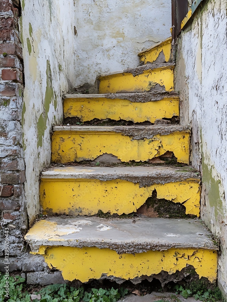 Poster weathered yellow stairs with flaking paint leading upwards in an abandoned space : generative ai