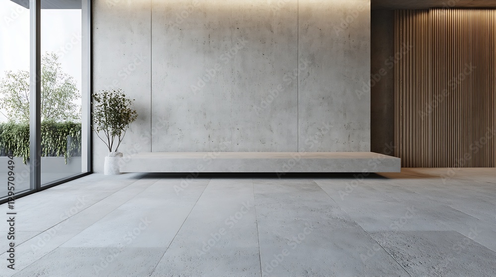 Poster minimalist interior with concrete wall and sleek bench creating a serene modern space for relaxation