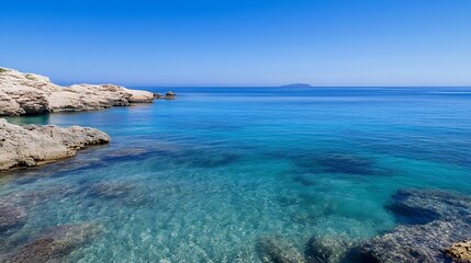 Fototapeta premium Stunning tranquil seascape with crystal clear waters and rocky coastline under bright sunlight : Generative AI