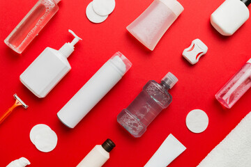 Mockup for bathing products top view flat lay, spa razor, toothpaste, soap, gel and other various accessories. Cosmetics for skin health. Bath Mockup for your logo