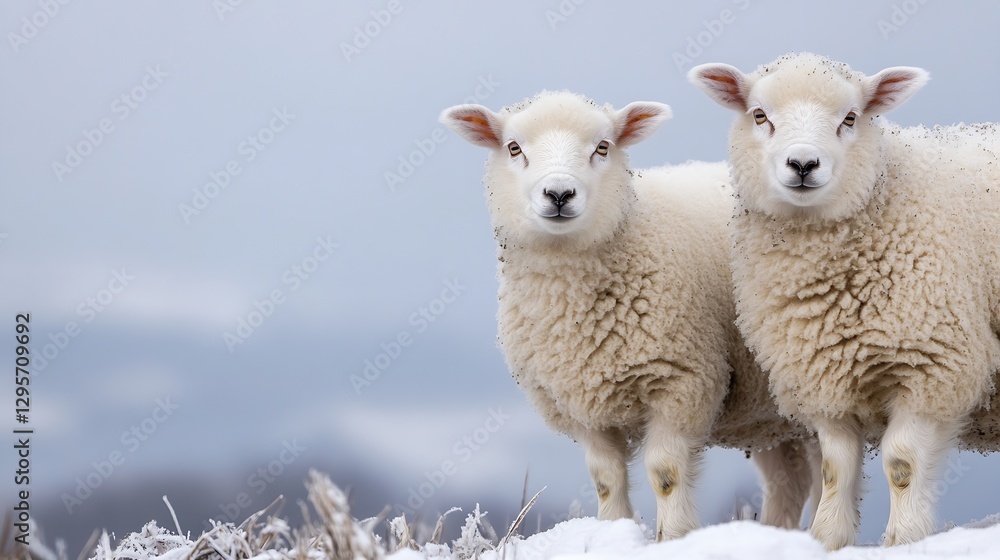 Poster two adorable fluffy sheep standing together in a snowy field on a chilly winter day : generative ai