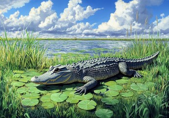 Realistic depiction of a crocodile sunbathing on lily pads beside a serene waterway under a bright blue sky with fluffy white clouds in a vibrant wetland habitat