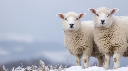 Fototapeta premium Two adorable fluffy sheep standing together in a snowy field on a chilly winter day : Generative AI