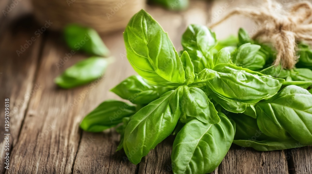 Poster lush green basil leaves tied with twine on a wooden table : generative ai