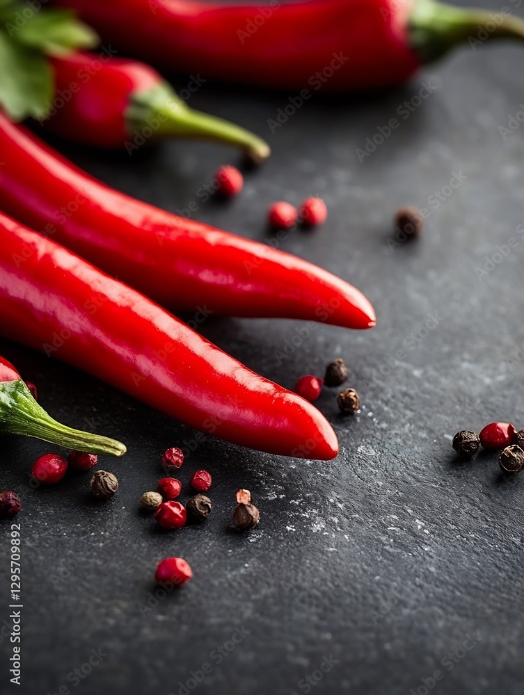 Poster artistic composition of vibrant red chili peppers and colorful spices arranged beautifully on dark s