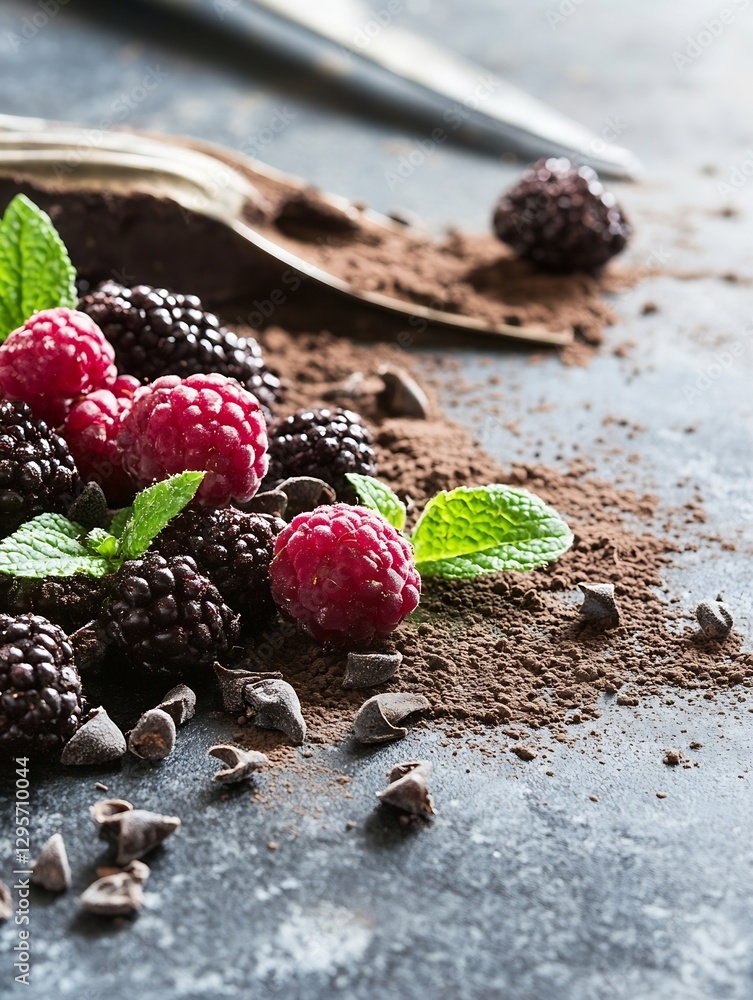 Aufkleber delicious fresh blackberries and raspberries sprinkled with cocoa powder on dark background : genera