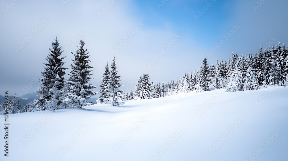 Poster winter wonderland scene with snowcovered trees and a blue sky in a peaceful atmosphere : generative 