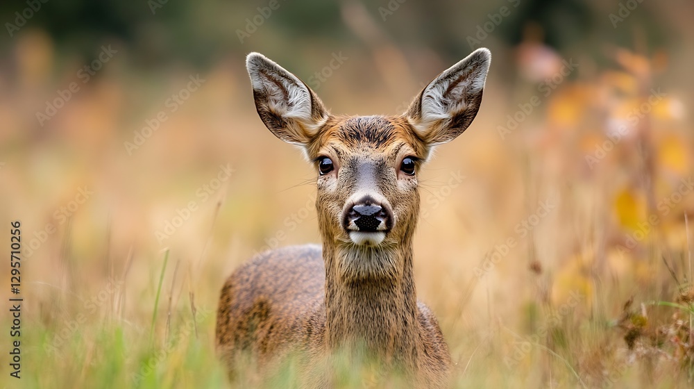 Poster Close up view of a curious deer in its natural habitat surrounded by soft grass : Generative AI