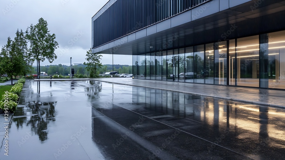 Poster Modern Architecture with Reflections on Wet Pavement and Urban Landscape : Generative AI