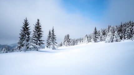 Winter wonderland scene with snowcovered trees and a blue sky in a peaceful atmosphere : Generative AI