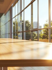 Fototapeta premium Wooden table in sunny office with big windows