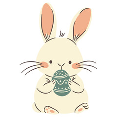 Flat vector illustration in a simple children's style. Cute Easter white bunny holding an Easter egg . Vector illustration