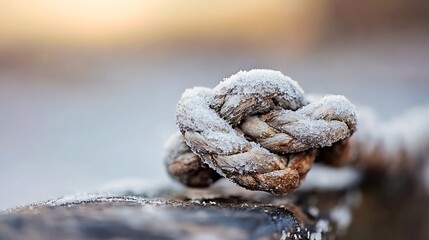 Closeup of a frozen knot in a rustic rope illustrating texture and resilience in a cold outdoor environment : Generative AI