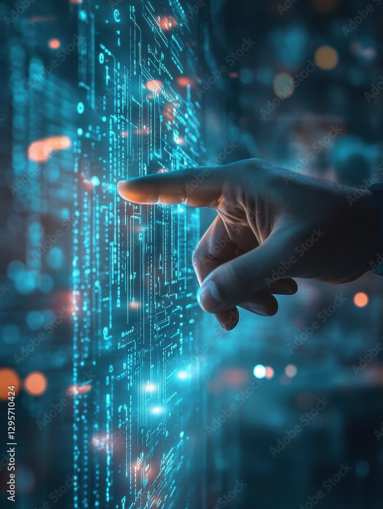 Poster close up of man hand pointing at abstract glowing digital business circuit network and tick mark int