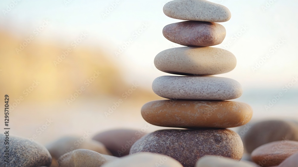 Poster stacked stones symbolizing balance and tranquility on a serene beach at sunset : generative ai