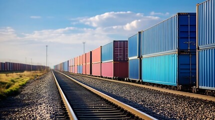 Fototapeta premium Train Carriage Loaded with Colorful Shipping Containers under Blue Sky : Generative AI