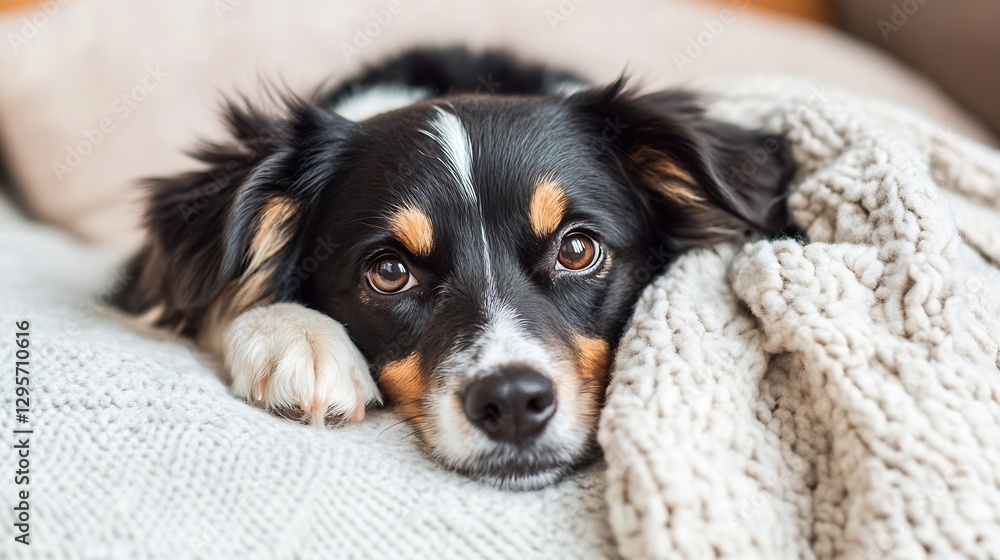 Poster cute dog relaxing on a cozy blanket with a soft expression at home : generative ai