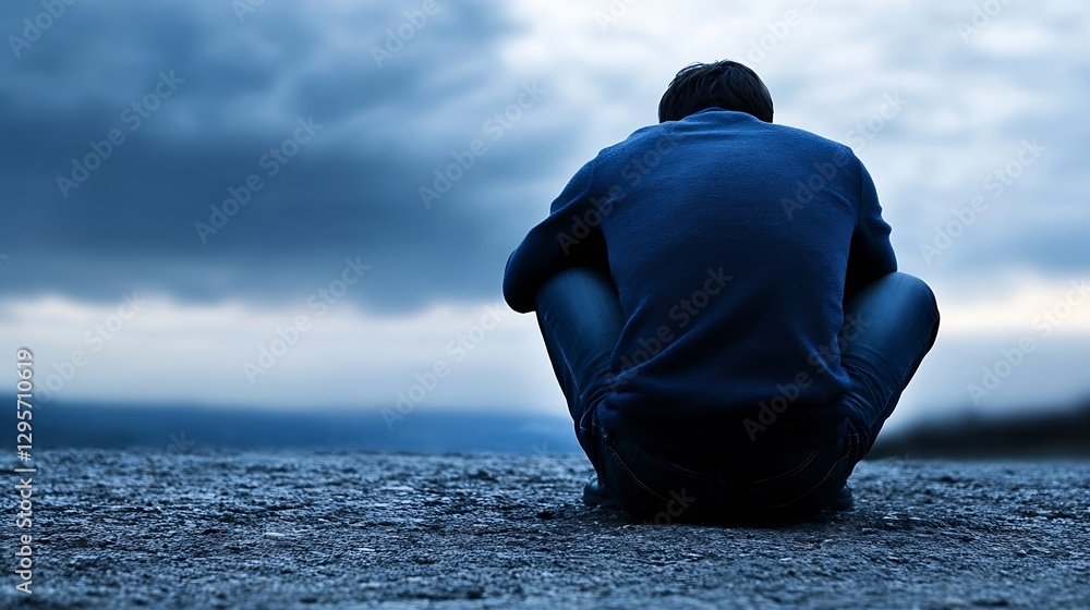 Poster a young man sitting on a rocky surface alone in a desolate landscape feeling lost in thought : gener
