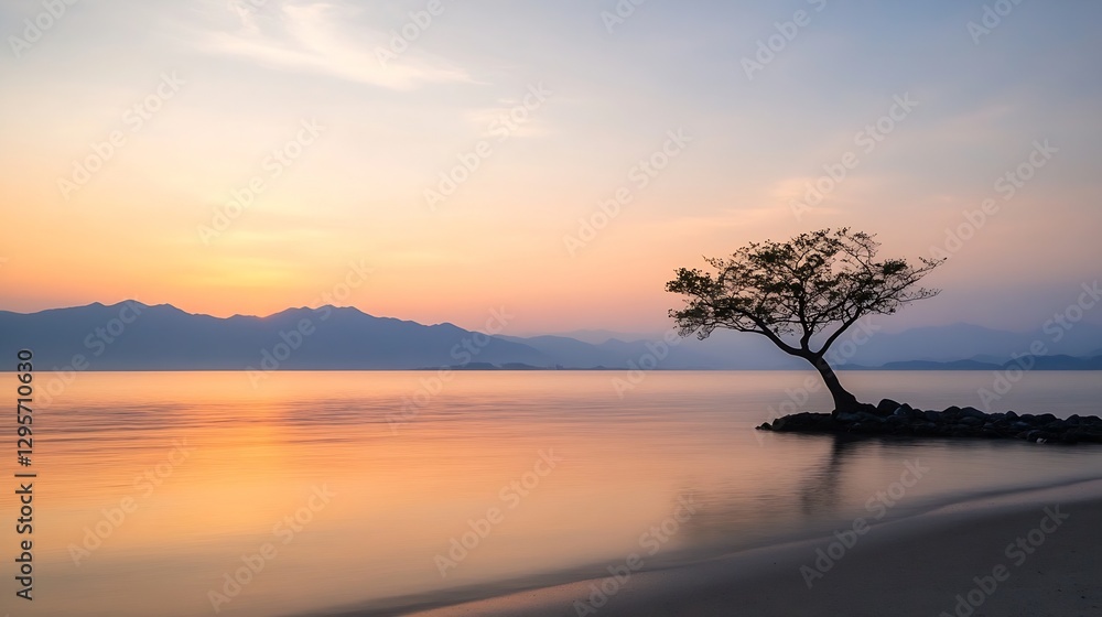 Poster serene sunset over tranquil waters with lonely tree silhouette creating a calming coastal scene : ge