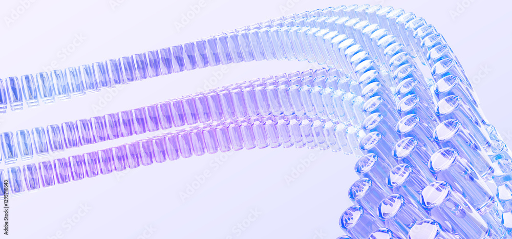 Poster abstract 3d background with glass curve wave tape effect of rows cylinders render. holographic gradi
