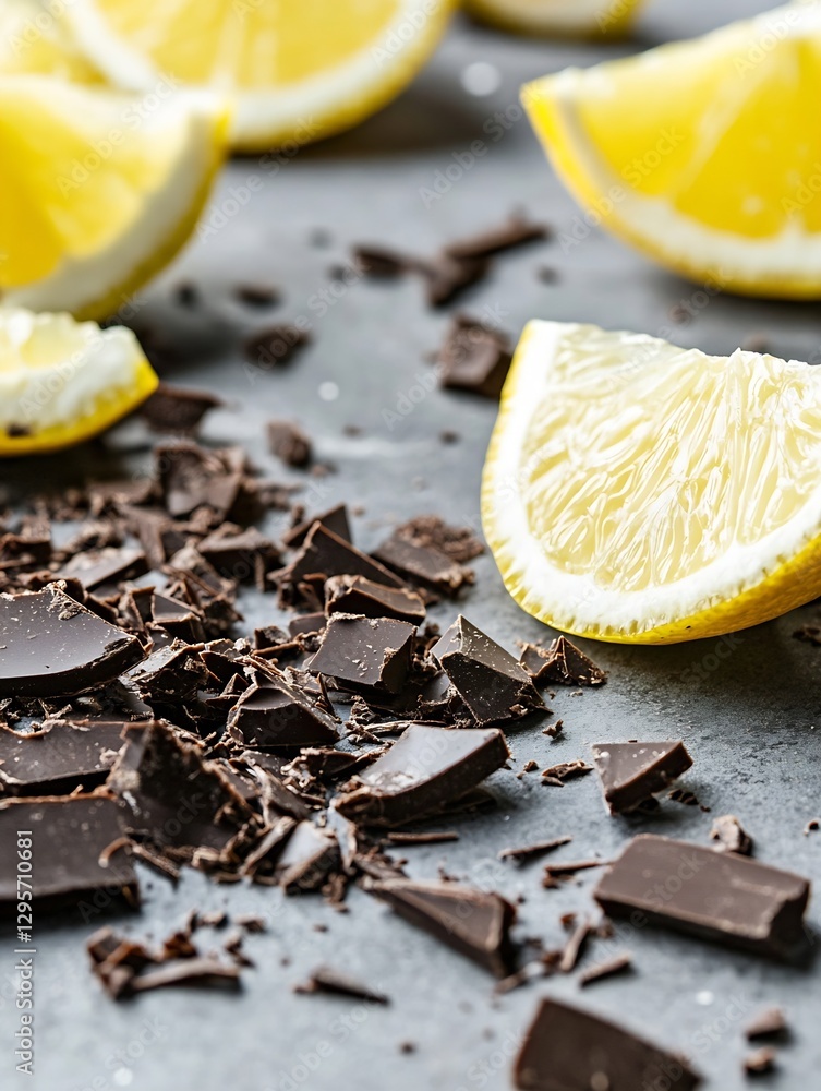Poster delicious dark chocolate fragments next to freshly cut lemon slices on a slate background : generati