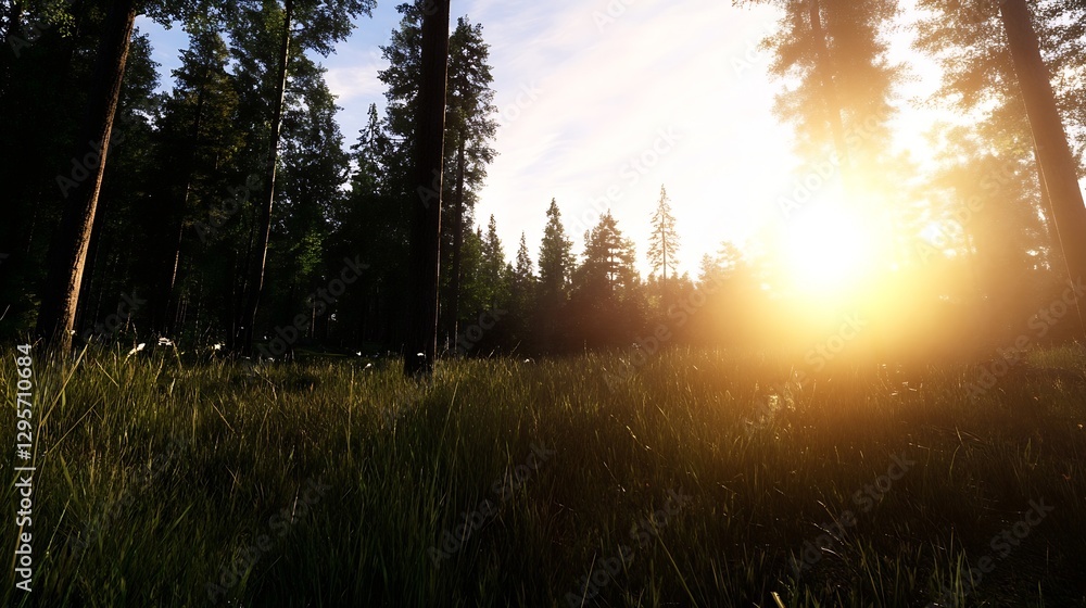 Aufkleber Enchanting forest scene illuminated by golden sunlight streaming through towering trees and warm grass : Generative AI