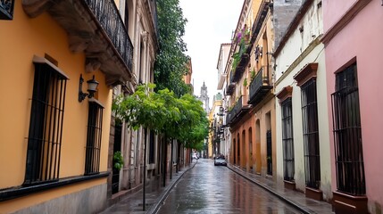 Fototapeta premium Charming colorful narrow street with wet pavement and lush trees in Mexico : Generative AI