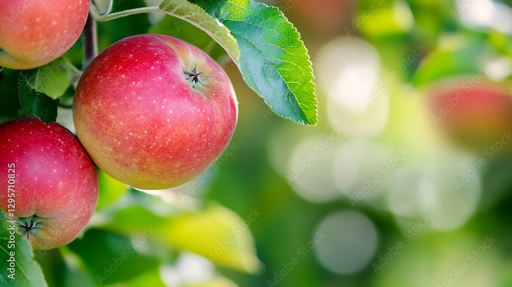 Poster fresh ripe red apples hanging on a tree branch ready for harvest in a lush orchard : generative ai
