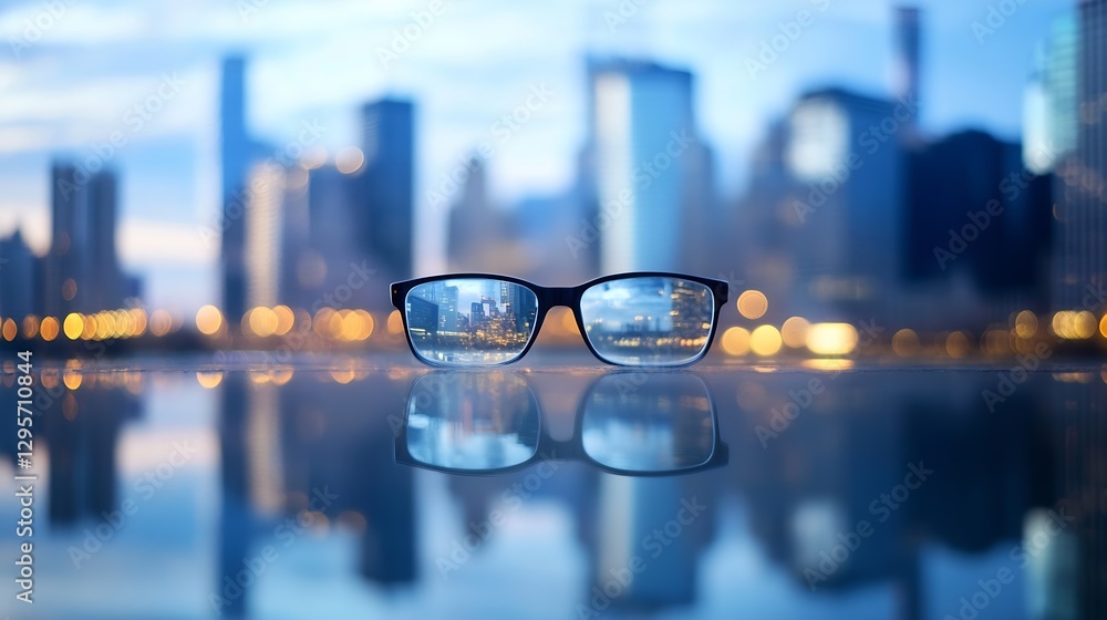 Poster stylish eyeglasses with city skyline reflected on clear lenses rest atop sleek surface at dusk : gen