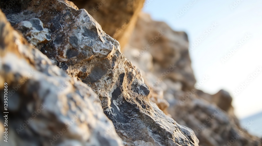 Poster detailed view of rough rocks with sunlit texture and blue sky : generative ai