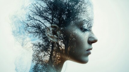 Serene Woman Profile in Blue and White Abstract Double Exposure