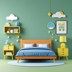 bed on plain green background childish style illustration