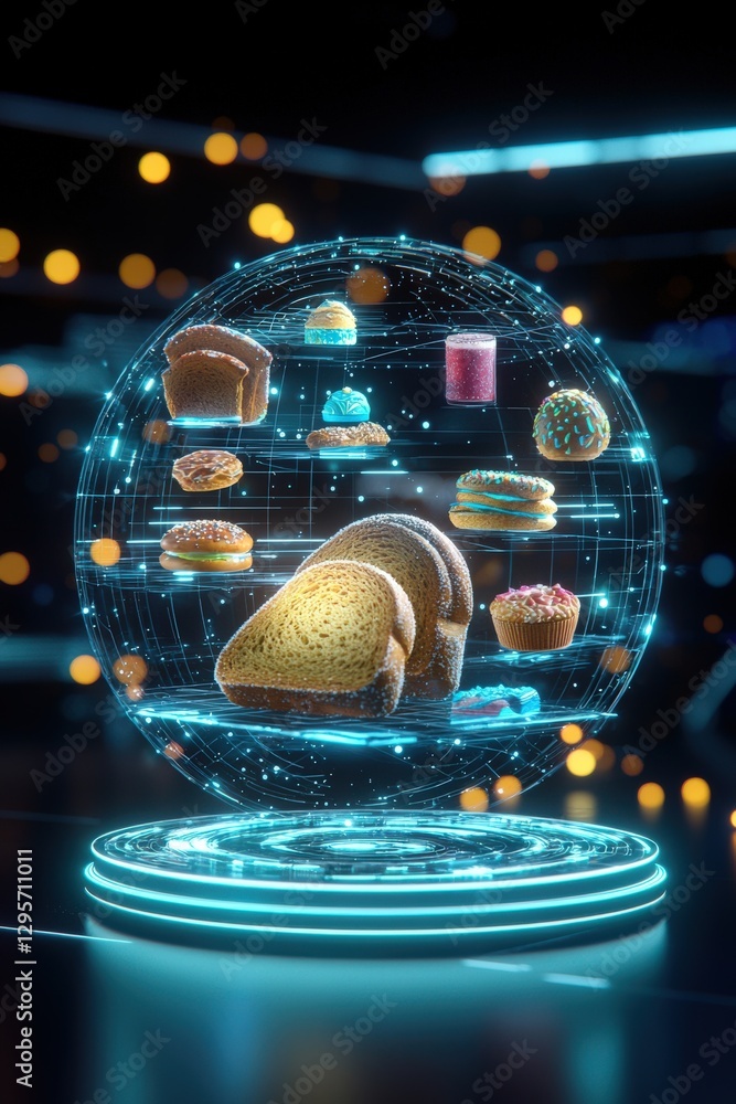 Poster a captivating futuristic display showcasing an array of baked goods in a glowing holographic sphere,