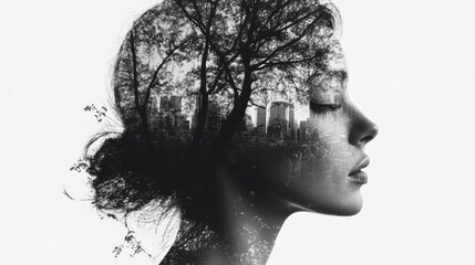 Serene Woman Profile with Cityscape Double Exposure